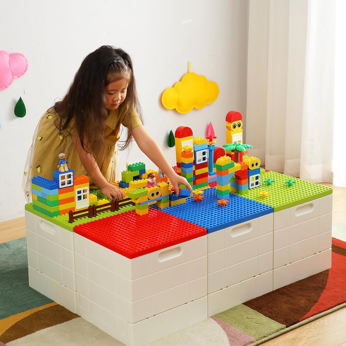 Opvouwbare Opbergdoos met Bouwplaat Deksel voor Duplo Blokken, 26qt. Stapelbare Opbergcontainers, 25L Opvouwbare Multifunctionele Container voor Lego Duplo Blokken (Donkergroen)
