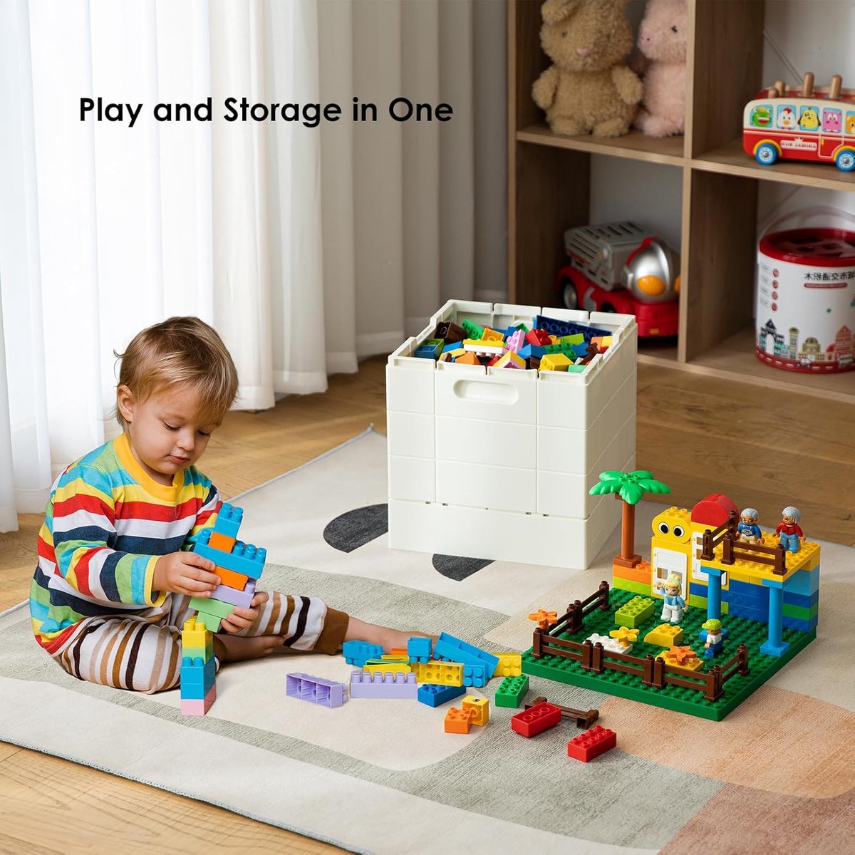 Opvouwbare Opbergdoos met Bouwplaat Deksel voor Duplo Blokken, 26qt. Stapelbare Opbergcontainers, 25L Opvouwbare Multifunctionele Container voor Lego Duplo Blokken (Donkergroen)