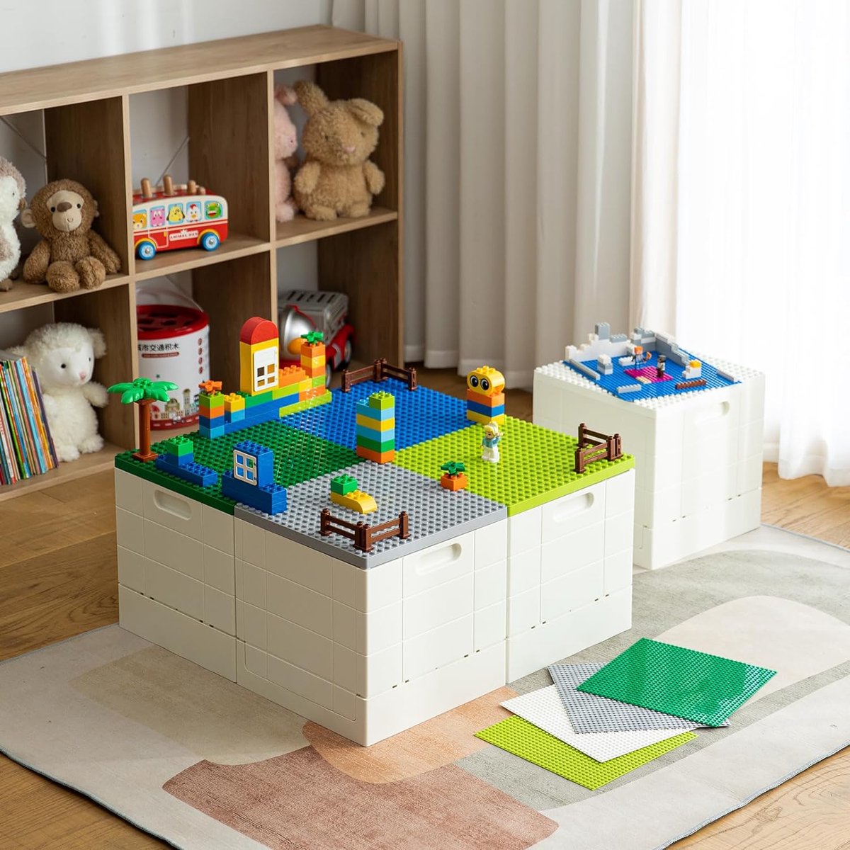 Opvouwbare Opbergdoos met Bouwplaat Deksel voor Duplo Blokken, 26qt. Stapelbare Opbergcontainers, 25L Opvouwbare Multifunctionele Container voor Lego Duplo Blokken (Donkergroen)