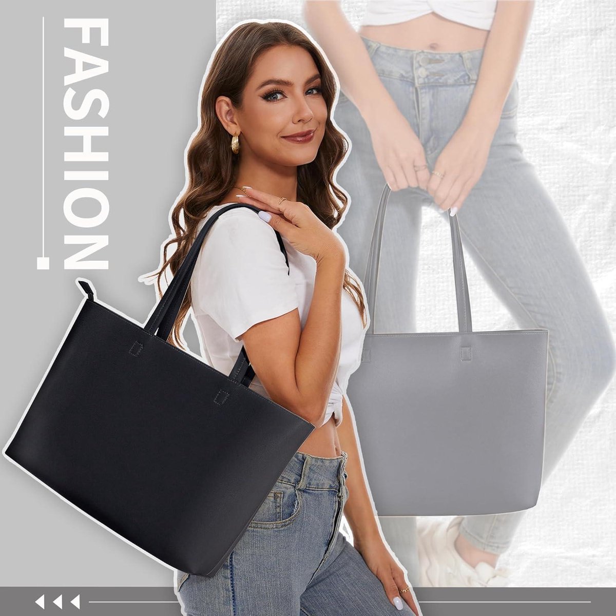 Large Shopper Bag for Women - Waterproof PU Leather Handbag with Zipper for Work and Travel Zipper Tote Bag