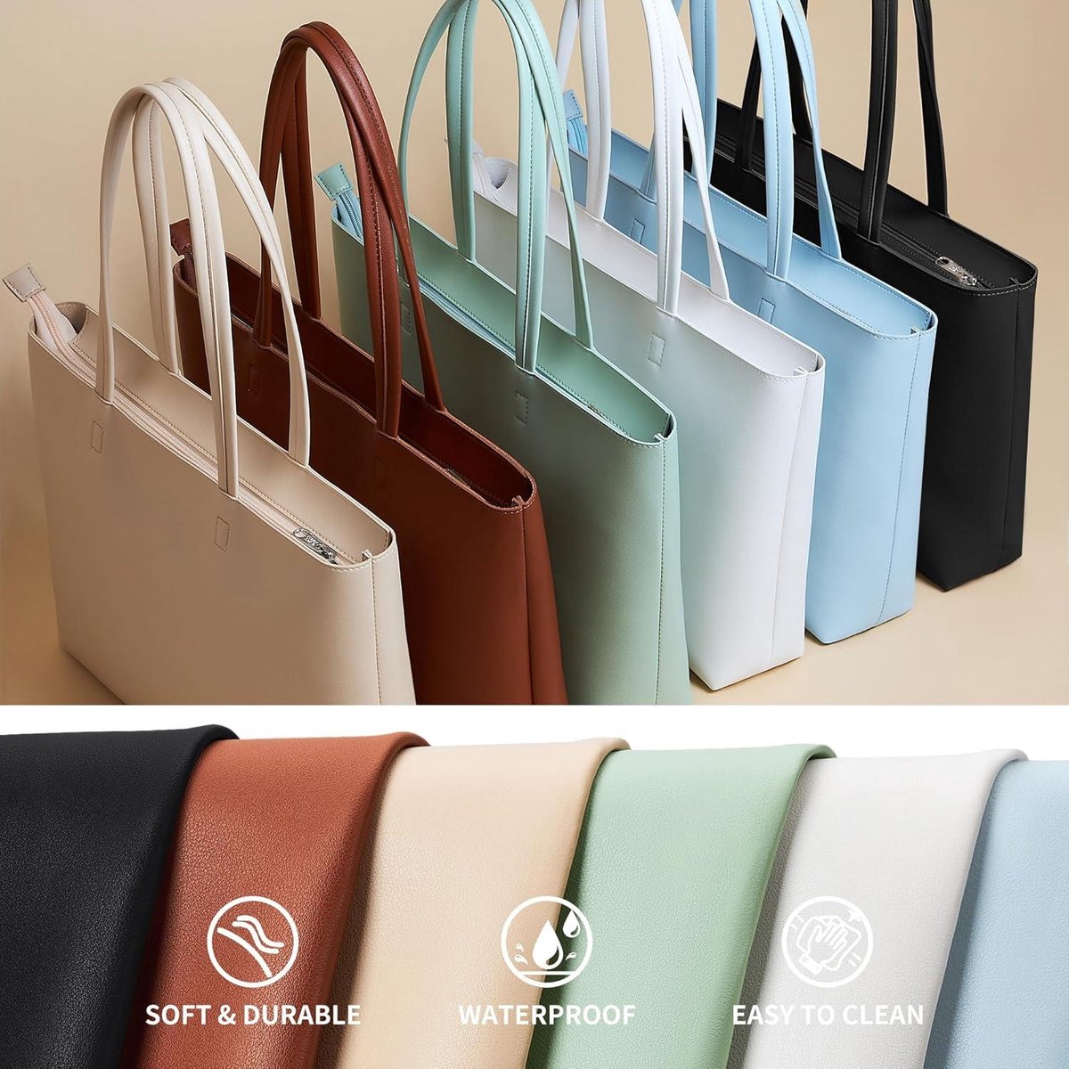 Large Shopper Bag for Women - Waterproof PU Leather Handbag with Zipper for Work and Travel Zipper Tote Bag