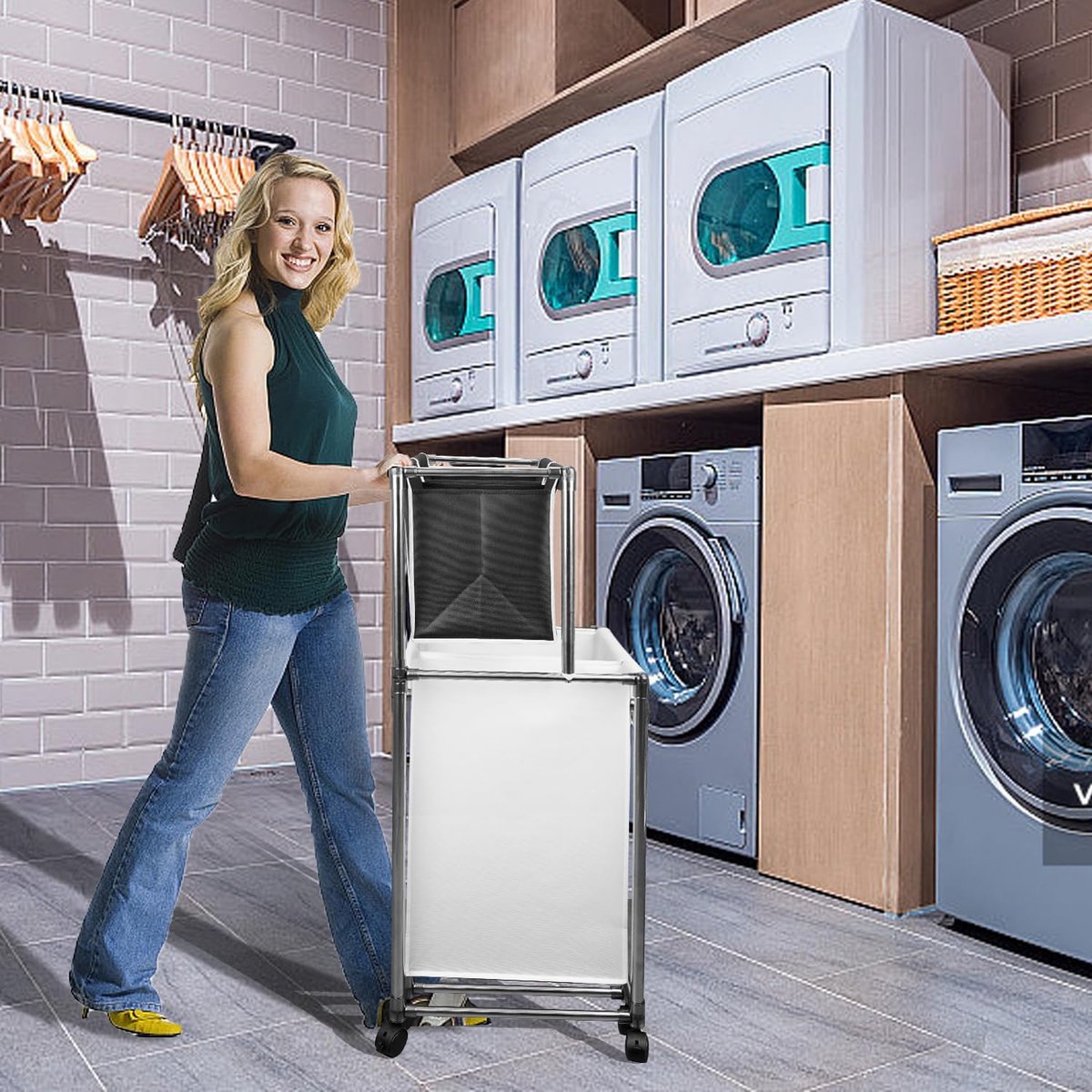 Laundry basket with 4 compartments, 200 liter laundry box with wheels, foldable large laundry basket, laundry sorter Laundry sorting system Laundry basket for laundry room, bedroom, nursery