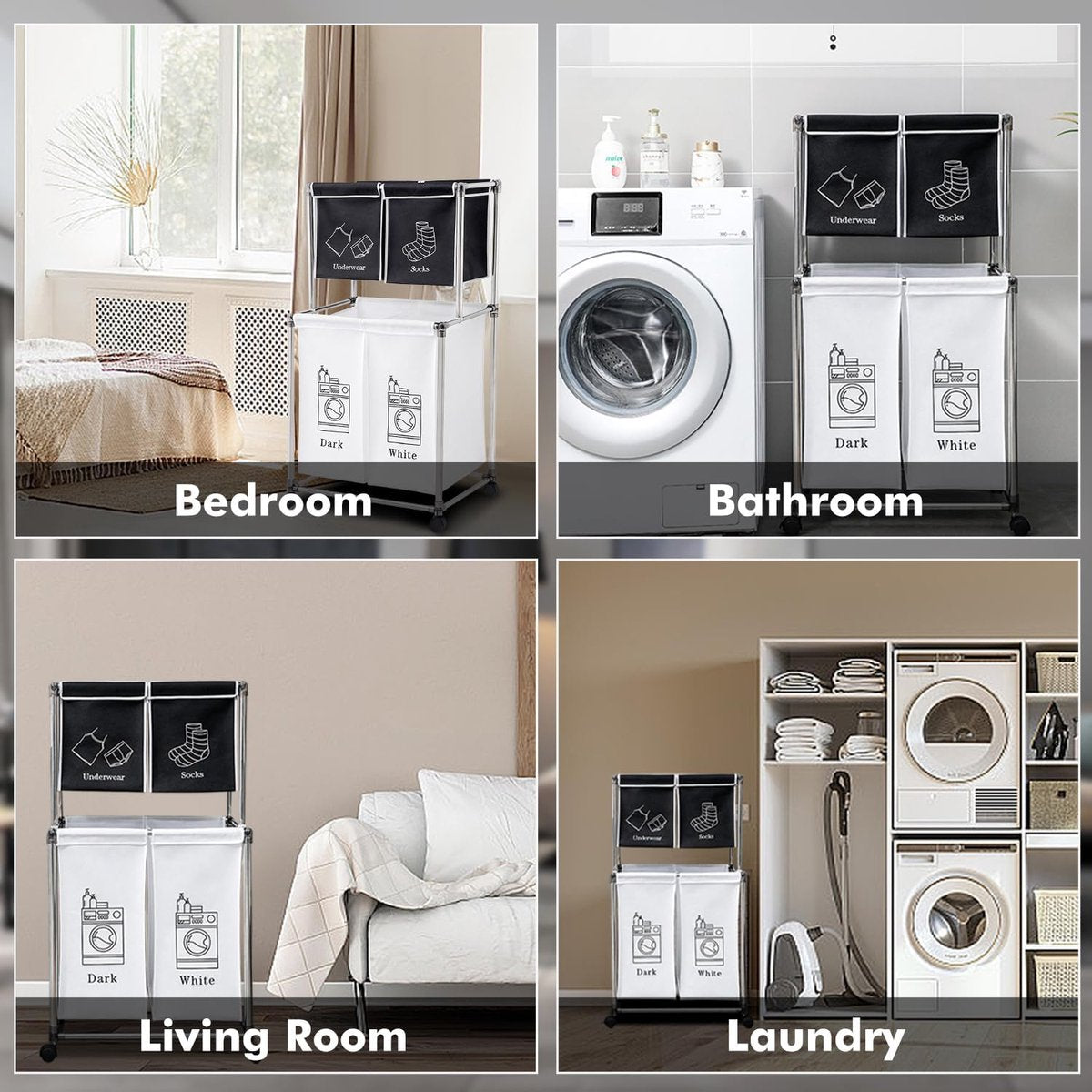 Laundry basket with 4 compartments, 200 liter laundry box with wheels, foldable large laundry basket, laundry sorter Laundry sorting system Laundry basket for laundry room, bedroom, nursery