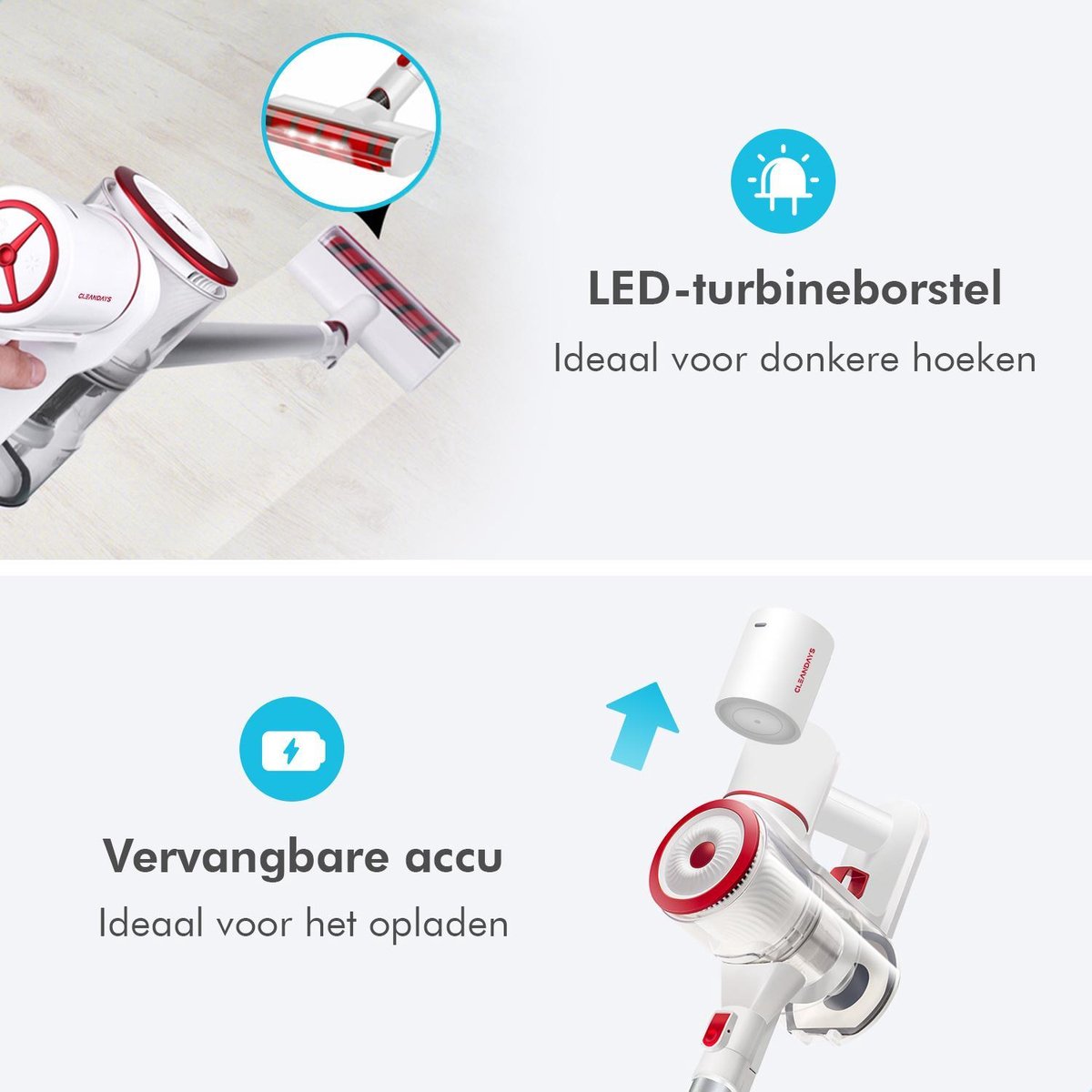 CleanDays® Draadloze Steelstofzuiger - Turboborstel en Kleine Turboborstel - LED Verlichting - Sterke Zuigkracht - Inclusief Muurbeugel - Kruimelzuiger - Steelstofzuigers - Draadloze Stofzuiger