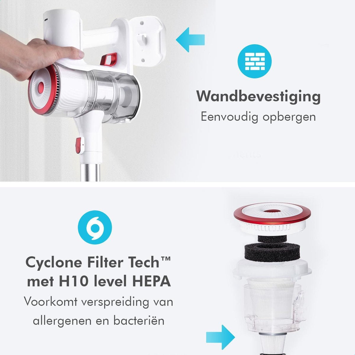 CleanDays® Draadloze Steelstofzuiger - Turboborstel en Kleine Turboborstel - LED Verlichting - Sterke Zuigkracht - Inclusief Muurbeugel - Kruimelzuiger - Steelstofzuigers - Draadloze Stofzuiger