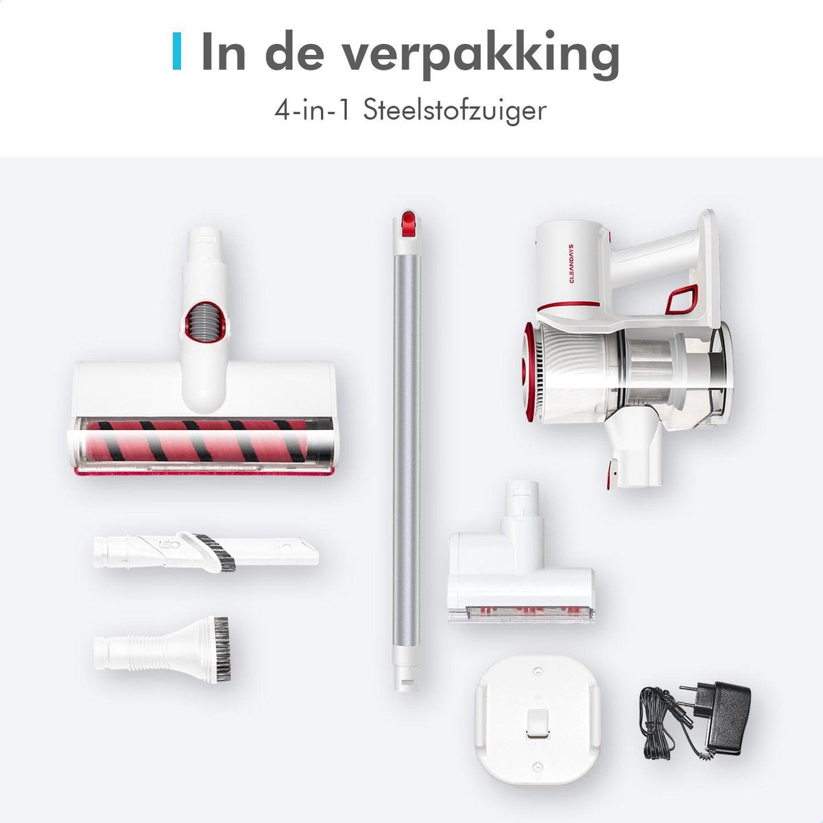 CleanDays® Draadloze Steelstofzuiger - Turboborstel en Kleine Turboborstel - LED Verlichting - Sterke Zuigkracht - Inclusief Muurbeugel - Kruimelzuiger - Steelstofzuigers - Draadloze Stofzuiger