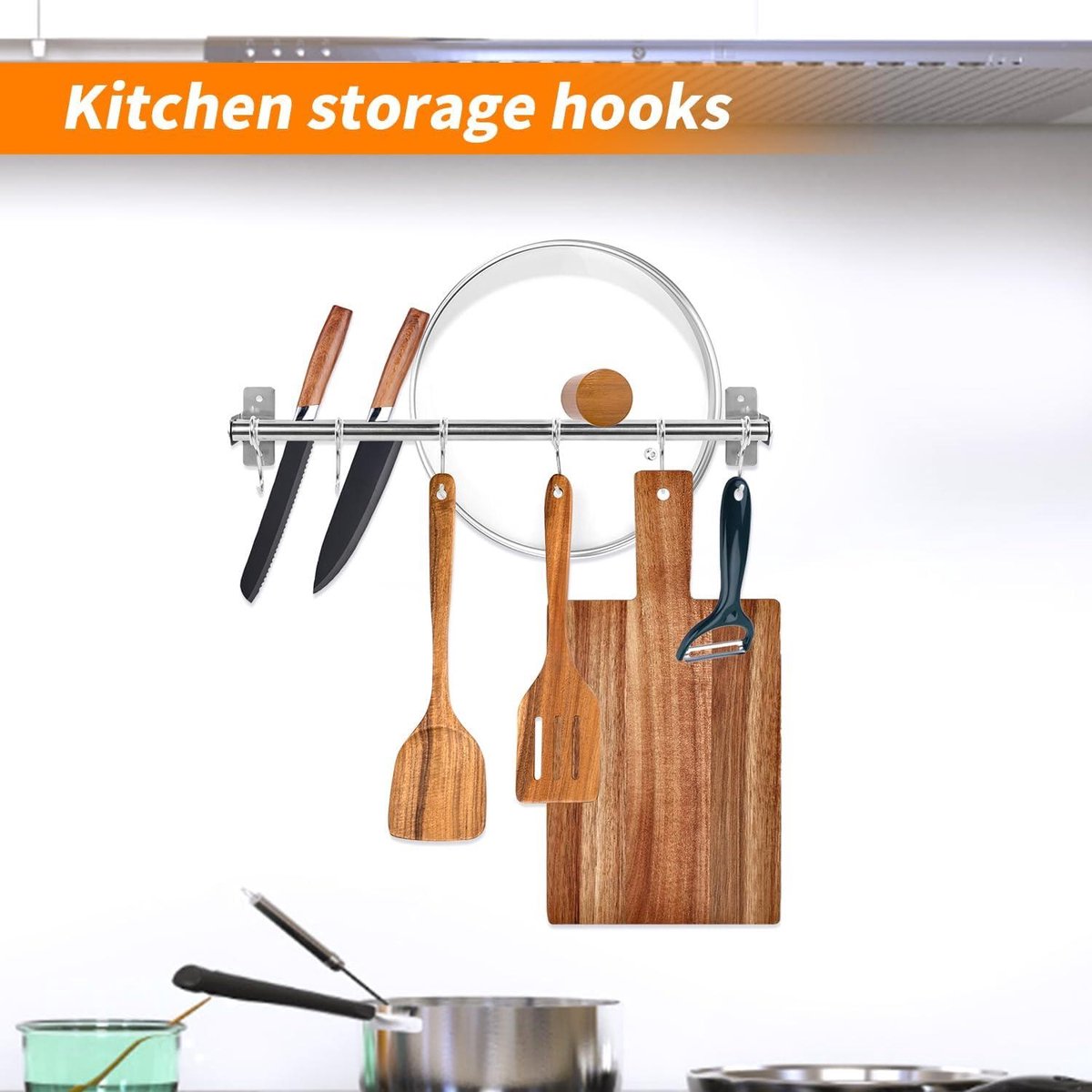 Roestvrijstalen Keukenhaken | Dubbele Stang Ophangrail | 6 Haken | Keukengerei Houder 40 cm - Zonder Boren keukenstang