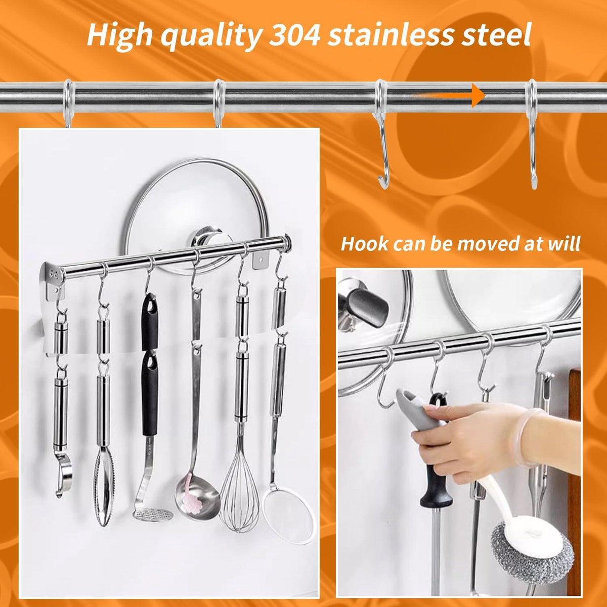 Roestvrijstalen Keukenhaken | Dubbele Stang Ophangrail | 6 Haken | Keukengerei Houder 40 cm - Zonder Boren keukenstang