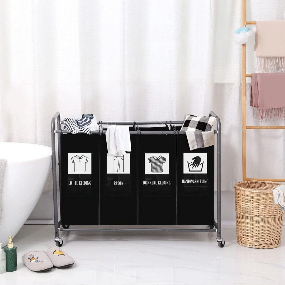 Wassorteerder 4 vakken - Wasmand 4 vakken - Wasmand Op Wieltjes – Wassorteerder Met Verwijderbare Zakken - Dubbele wasmand Met 6 Sorteerkaarten – Wasmanden - 99 x 43 x 79 cm