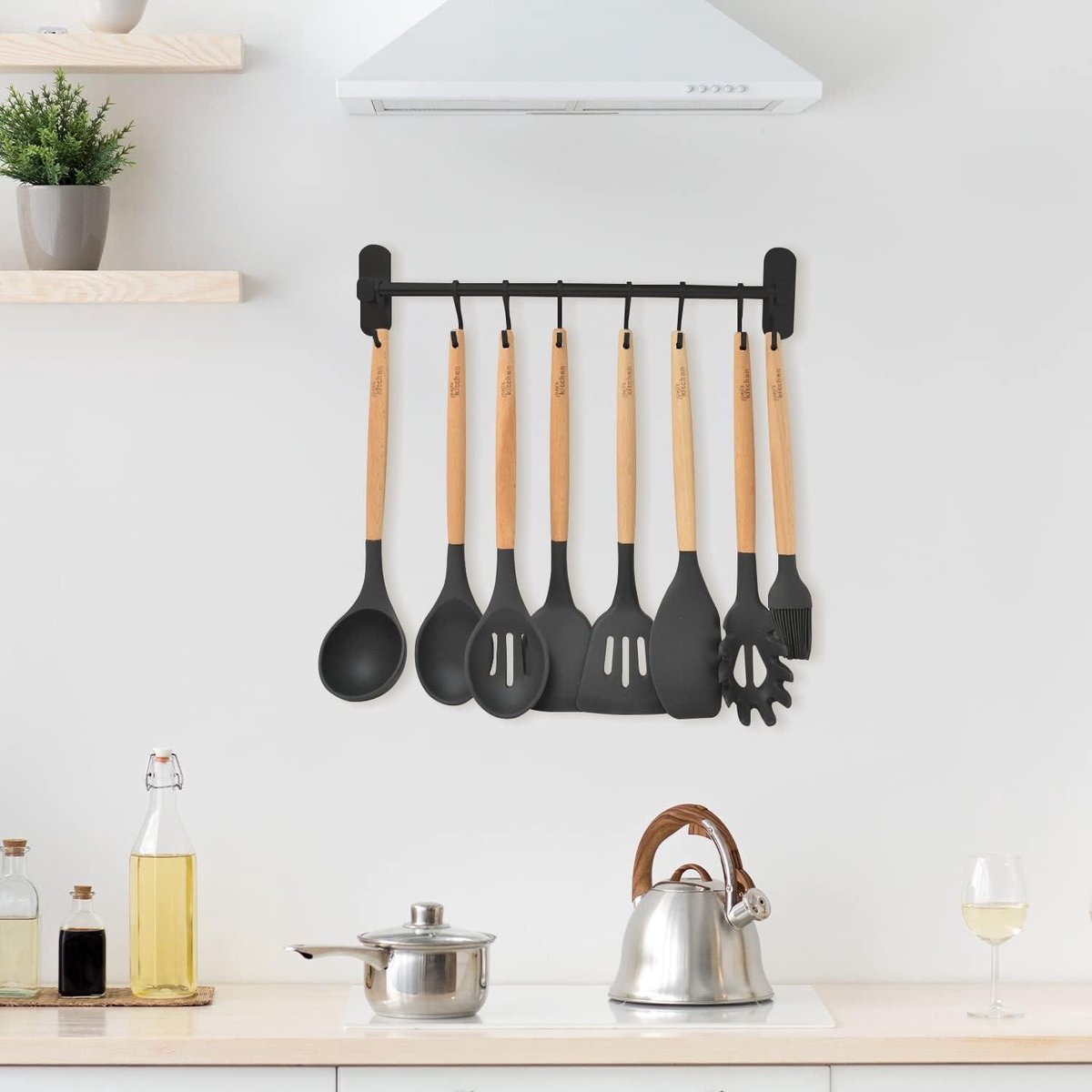 Zelfklevende keukengereihouder zwart - 40 cm - 8 haken - organizer voor keuken, badkamer & garage - keukenstang
