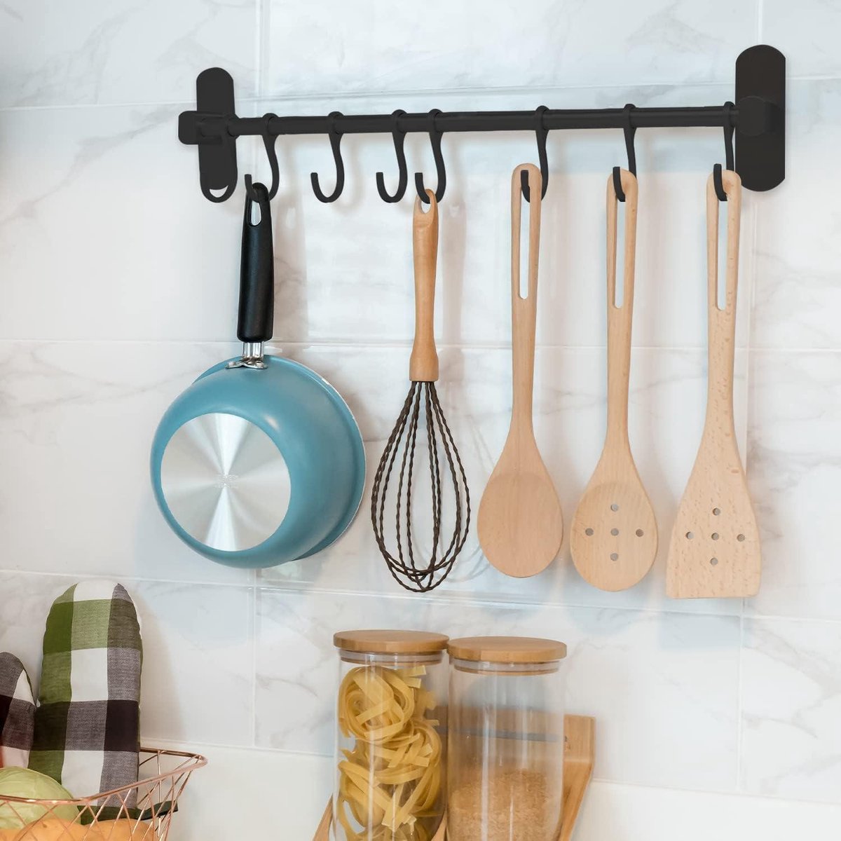 Zelfklevende keukengereihouder zwart - 40 cm - 8 haken - organizer voor keuken, badkamer & garage - keukenstang