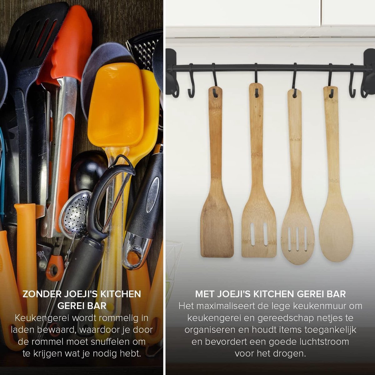 Zelfklevende keukengereihouder zwart - 40 cm - 8 haken - organizer voor keuken, badkamer & garage - keukenstang