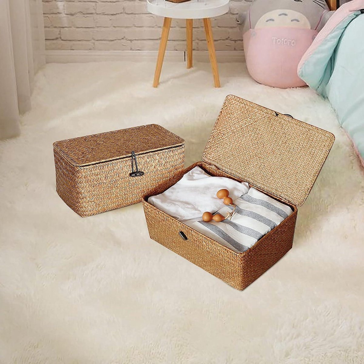 Rieten opbergmand van geweven rotan - opbergdozen met deksels - zeegras wasmanden - make-up organizer - badkamer woonkamer keuken - kleine rieten mand