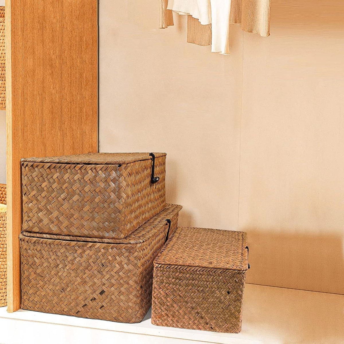 Rieten opbergmand van geweven rotan - opbergdozen met deksels - zeegras wasmanden - make-up organizer - badkamer woonkamer keuken - kleine rieten mand