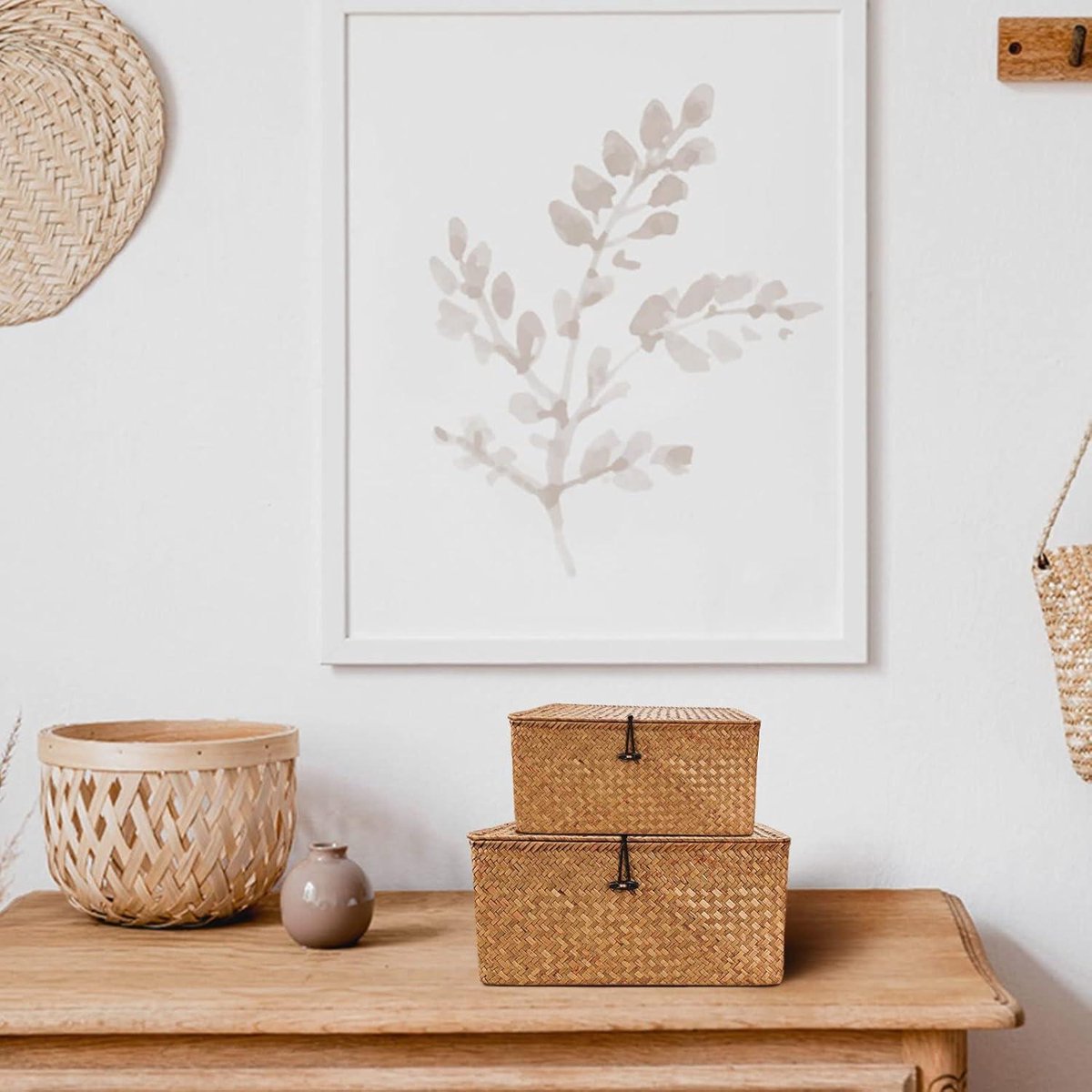 Rieten opbergmand van geweven rotan - opbergdozen met deksels - zeegras wasmanden - make-up organizer - badkamer woonkamer keuken - kleine rieten mand