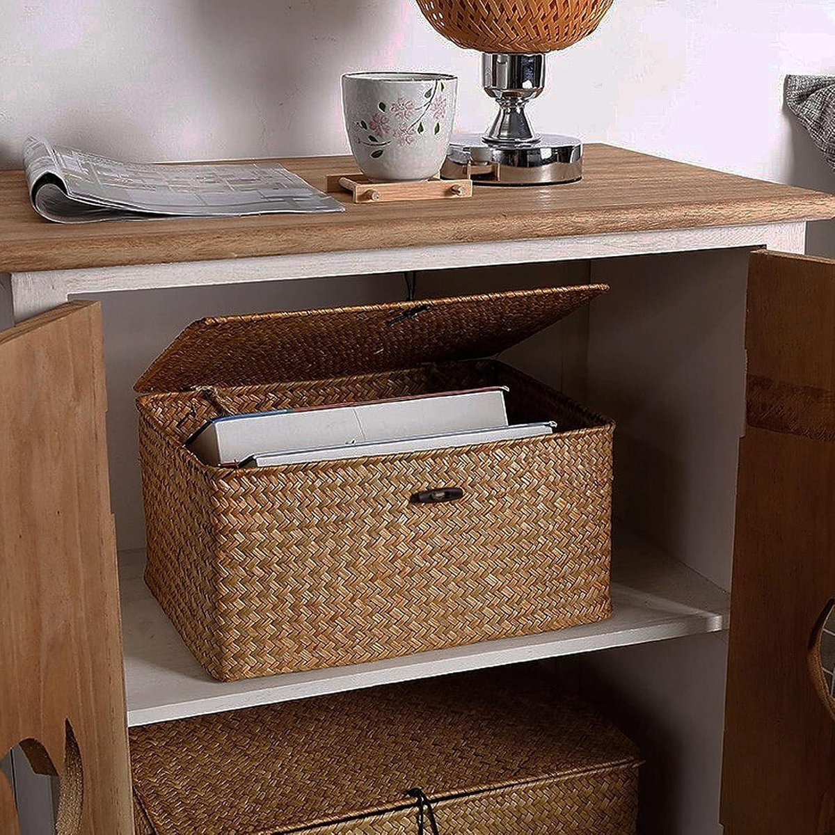 Rieten opbergmand van geweven rotan - opbergdozen met deksels - zeegras wasmanden - make-up organizer - badkamer woonkamer keuken - kleine rieten mand