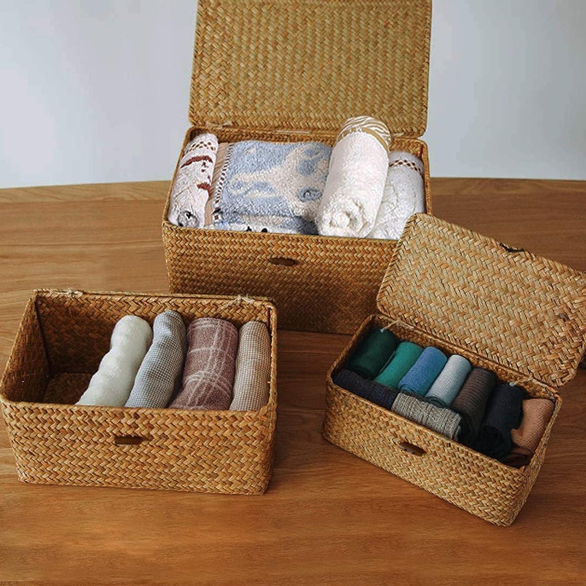 Rieten opbergmand van geweven rotan - opbergdozen met deksels - zeegras wasmanden - make-up organizer - badkamer woonkamer keuken - kleine rieten mand