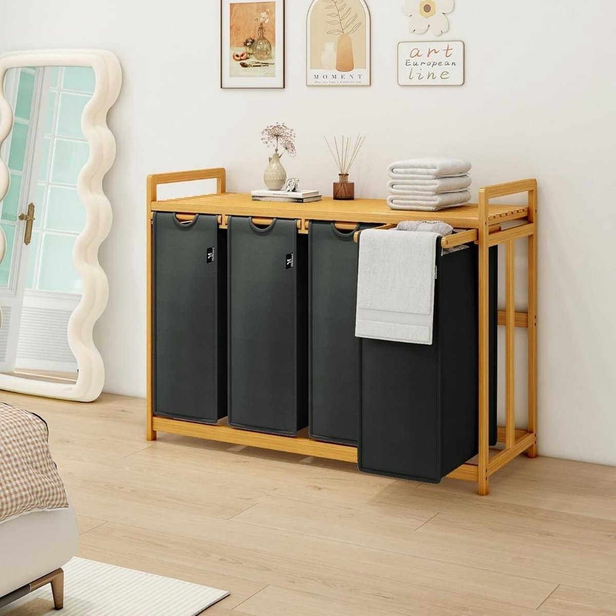 Wassorteerder 4 vakken - Wasmand 4 vakken 200 Liter - Wasmand Met Opbergplank – Wassorteerder Met Afneembare Manden - Dubbele wasmand - Duo Wasmand – Wasmanden - 107 x 42 x 77 cm