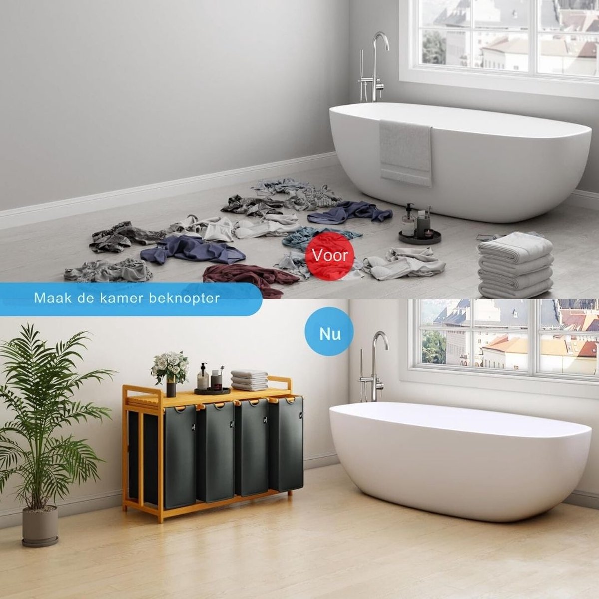 Wassorteerder 4 vakken - Wasmand 4 vakken 200 Liter - Wasmand Met Opbergplank – Wassorteerder Met Afneembare Manden - Dubbele wasmand - Duo Wasmand – Wasmanden - 107 x 42 x 77 cm
