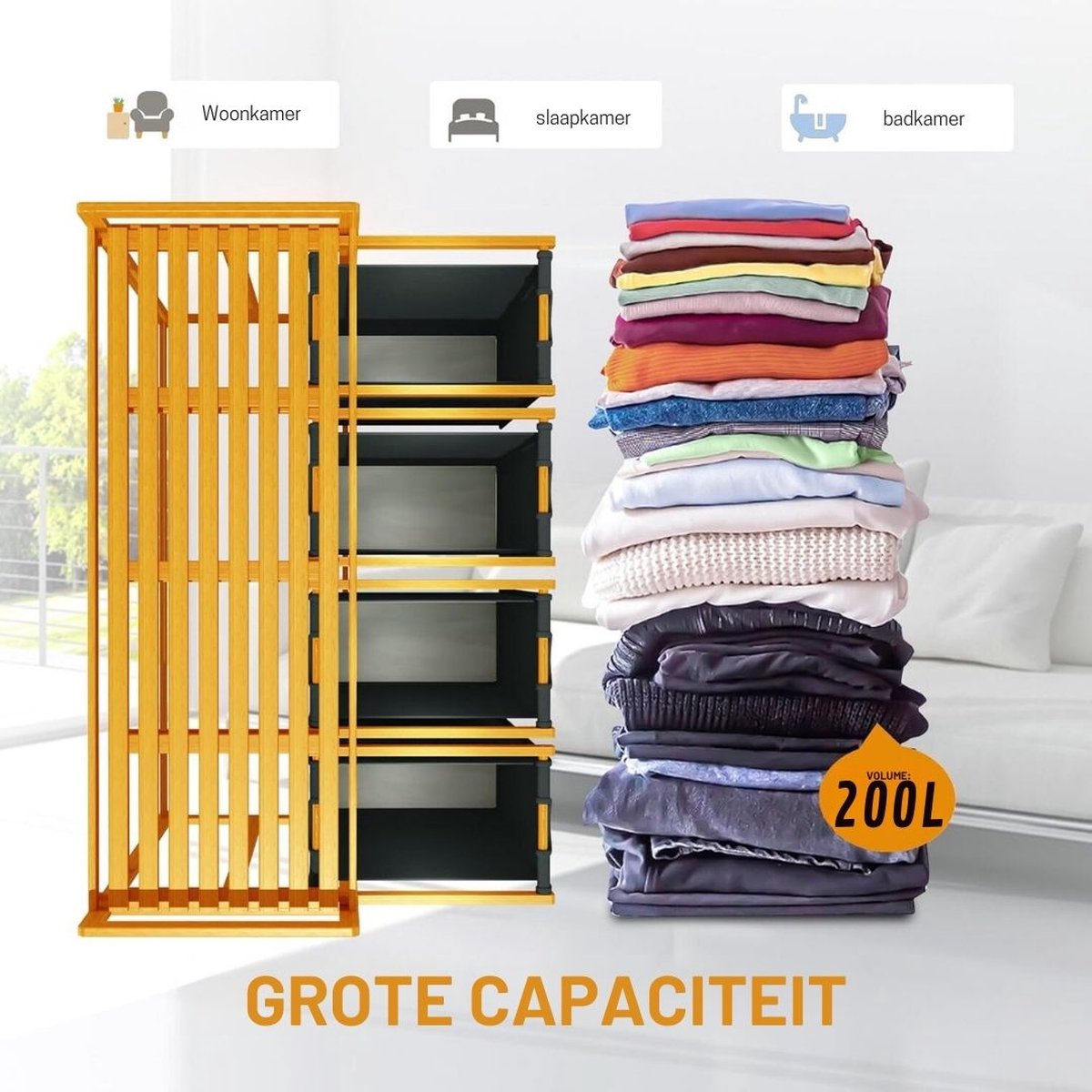 Wassorteerder 4 vakken - Wasmand 4 vakken 200 Liter - Wasmand Met Opbergplank – Wassorteerder Met Afneembare Manden - Dubbele wasmand - Duo Wasmand – Wasmanden - 107 x 42 x 77 cm