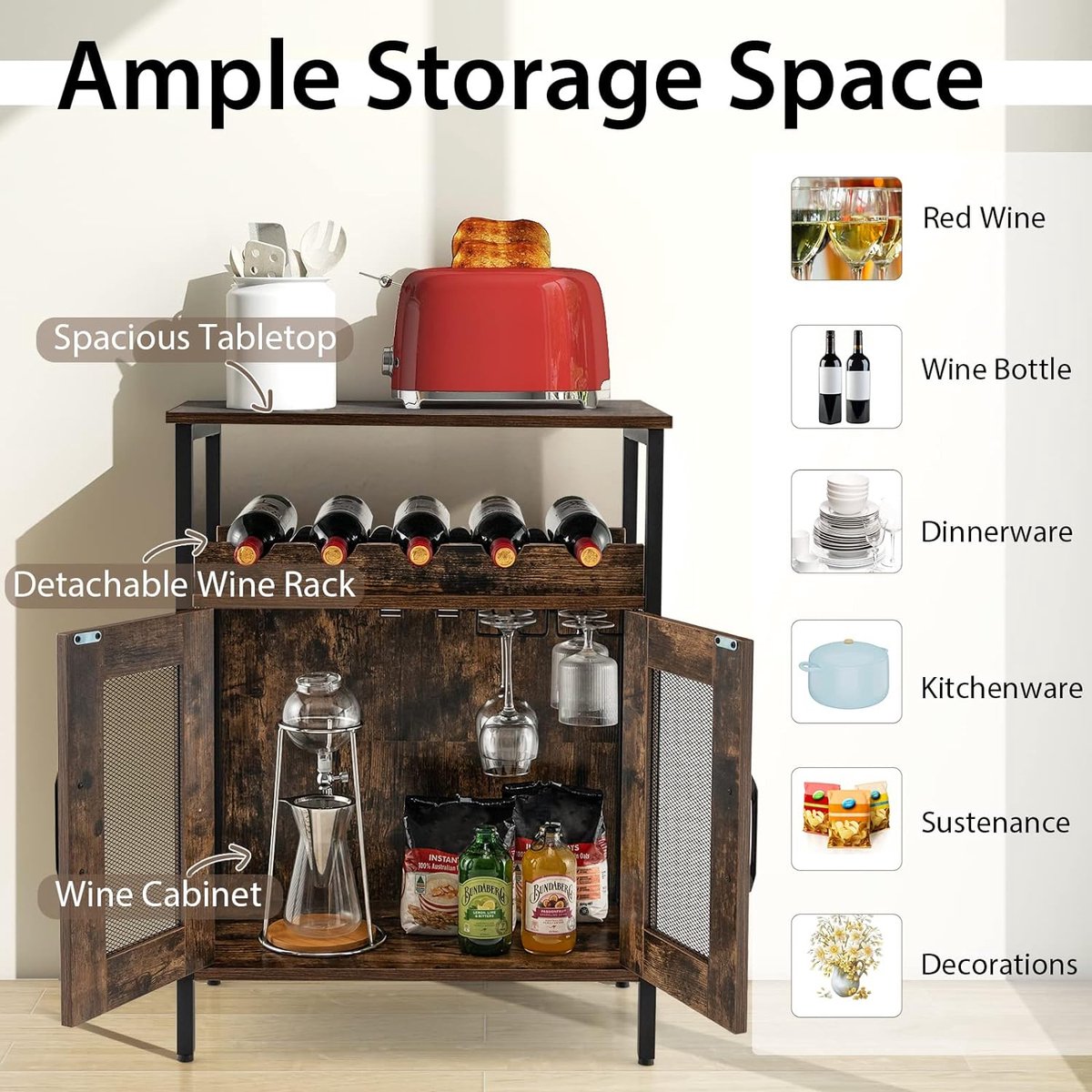 Bar cabinet with storage rack, wine bar cabinet, liquor cabinet with removable bottle holder and glass holder, industrial buffet cabinet for the kitchen
