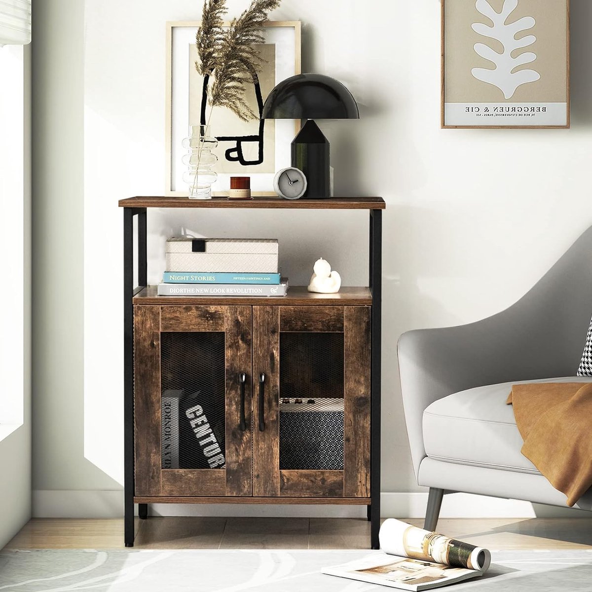 Bar cabinet with storage rack, wine bar cabinet, liquor cabinet with removable bottle holder and glass holder, industrial buffet cabinet for the kitchen