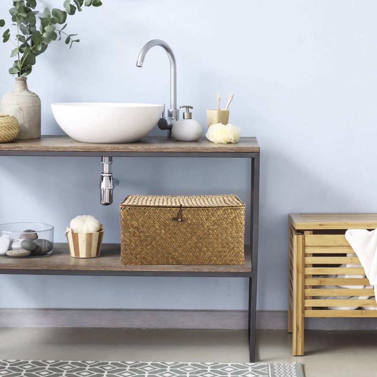 Seagrass Storage Basket with Lid Woven Wicker Basket Desk Basket Rectangular Bathroom Storage Box, Living Room Decorative Under Shelf Basket Multifunctional Storage Basket (XL,