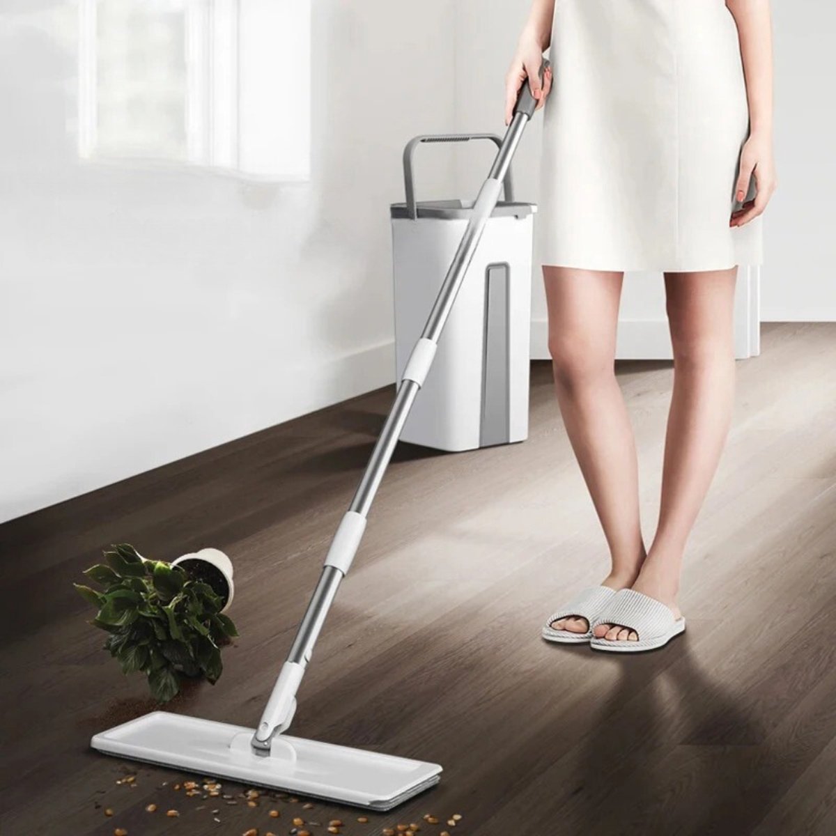 Mop - 5-IN-1 - Mop and Bucket - Mop - Mopping System - Mop Set & Floor Wipers - Including 2 Mop Cloths Set - White