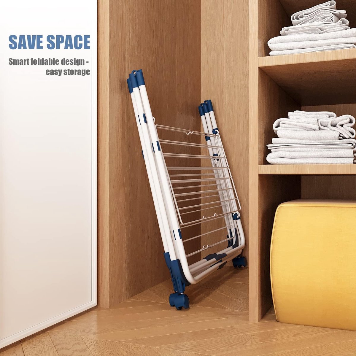 Clothes Dryer Tower, foldable and space-saving, 3 tiers, 6 foldable wings, rollable and stable, mobile tower clothes dryer, drying rack for large families indoor and outdoor, White and Blue