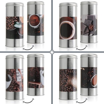 4x koffiepadblikje en 1x padlifter - metalen blikje voor koffiepads - blikken sierblikje met deksel in vintage design voor koffie (5-delige set - koffie)