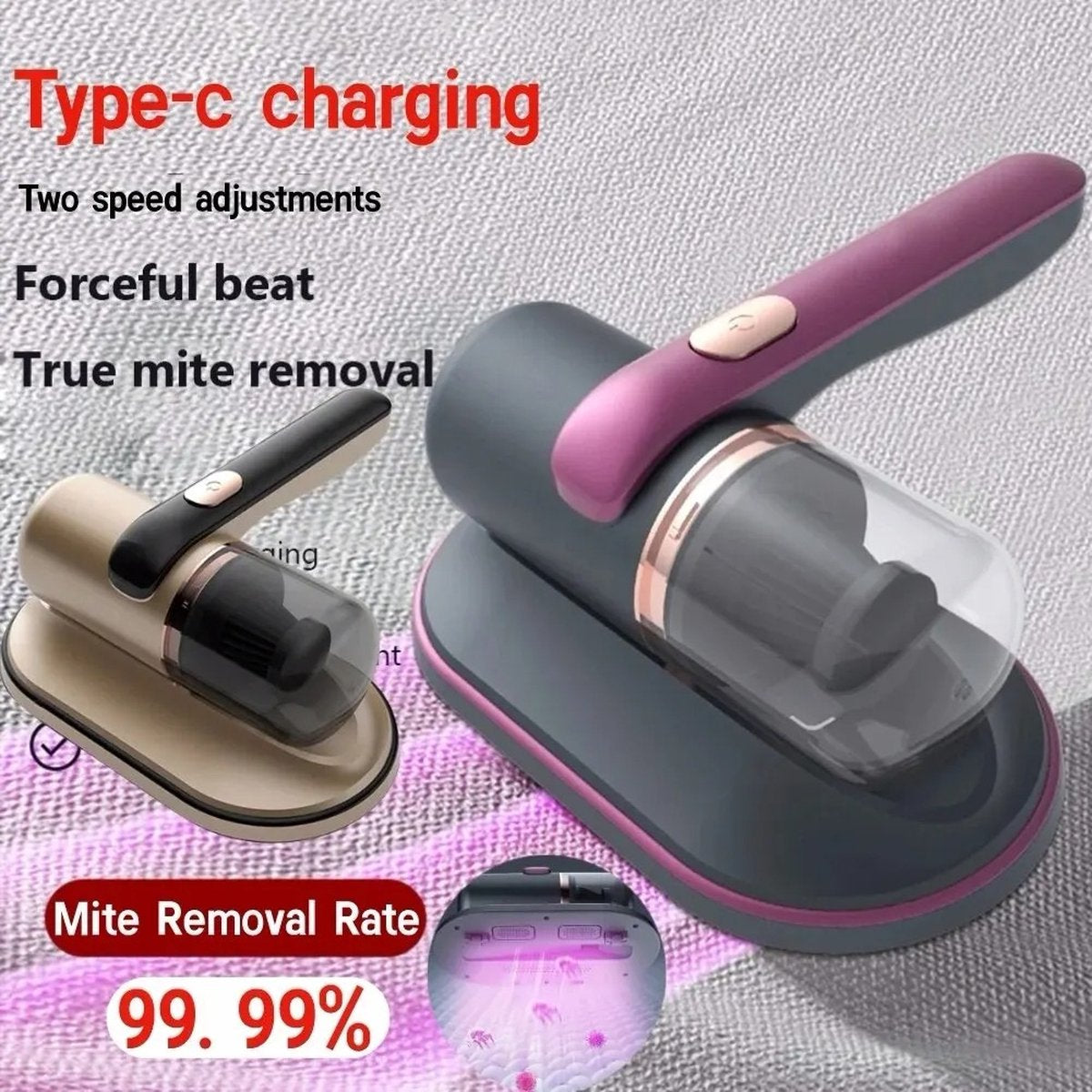 Huisstofmijt Stofzuiger - UV Lamp Sterilisator - Matras, Tapijt, Meubel, Zetel & Bank Reiniger Apparaat - Bacterie, Mijt & Schimmel Bestrijder - Zonder Zak - USB-C Oplader - Paars