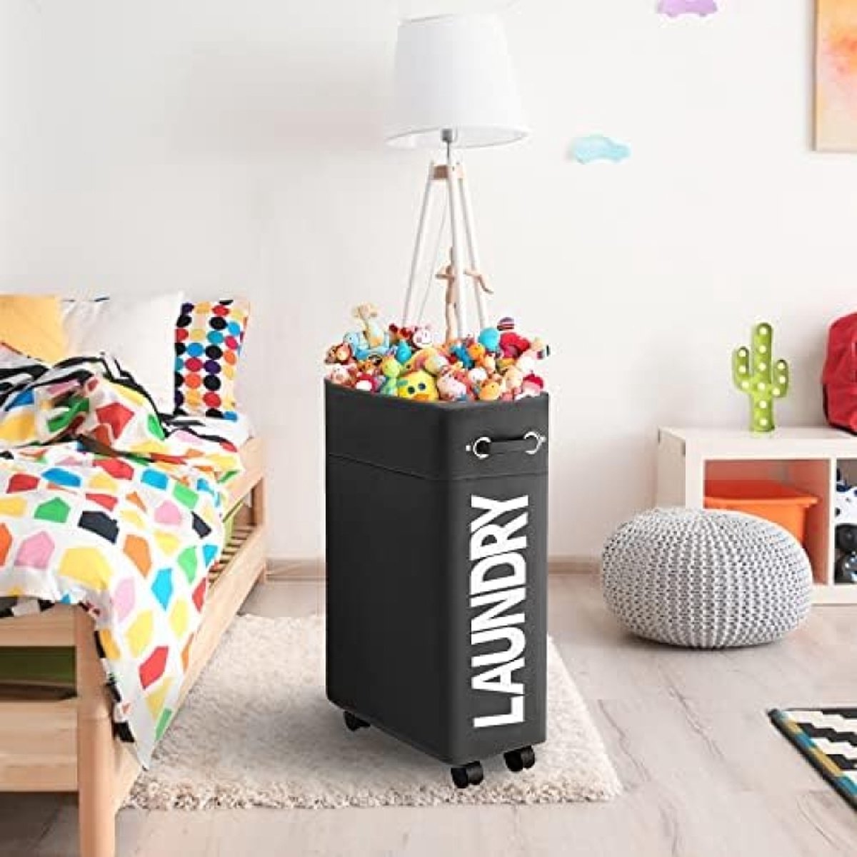 Wasmand met Wieltjes 45L Extra Smal Inklapbare Wasmand met Wielen Opvouwbare Dunne Wasmand met Handvat Praktische Opbergbox voor Slaapkamers en Wasruimte (Zwart o2)