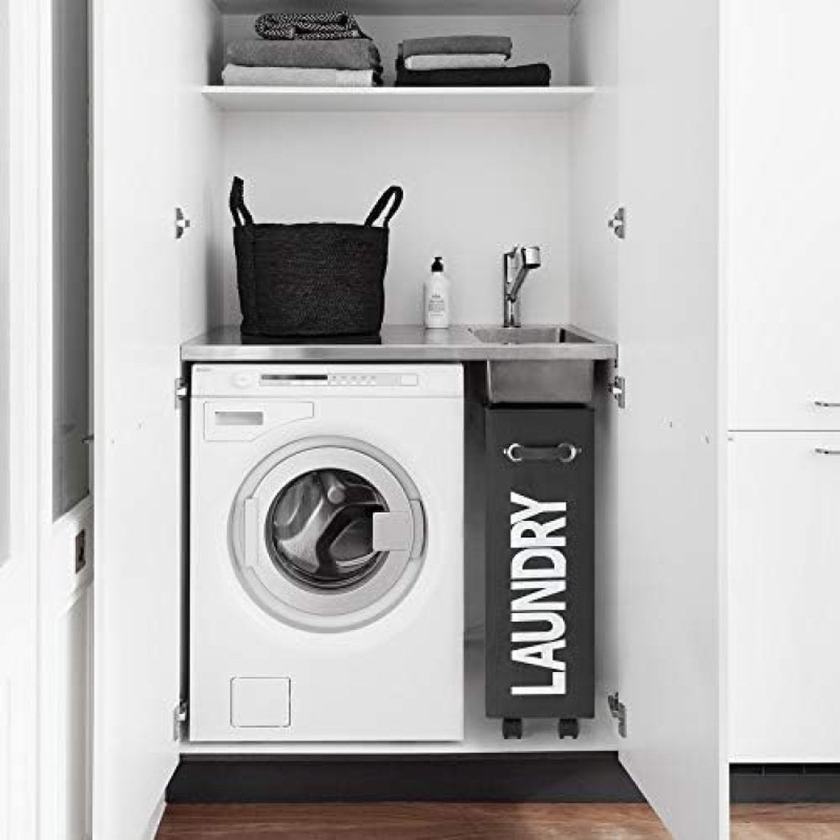 Wasmand met Wieltjes 45L Extra Smal Inklapbare Wasmand met Wielen Opvouwbare Dunne Wasmand met Handvat Praktische Opbergbox voor Slaapkamers en Wasruimte (Zwart o2)