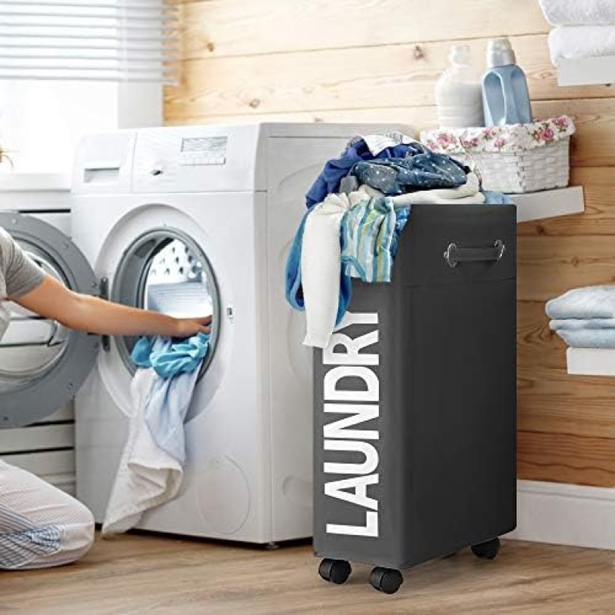 Wasmand met Wieltjes 45L Extra Smal Inklapbare Wasmand met Wielen Opvouwbare Dunne Wasmand met Handvat Praktische Opbergbox voor Slaapkamers en Wasruimte (Zwart o2)