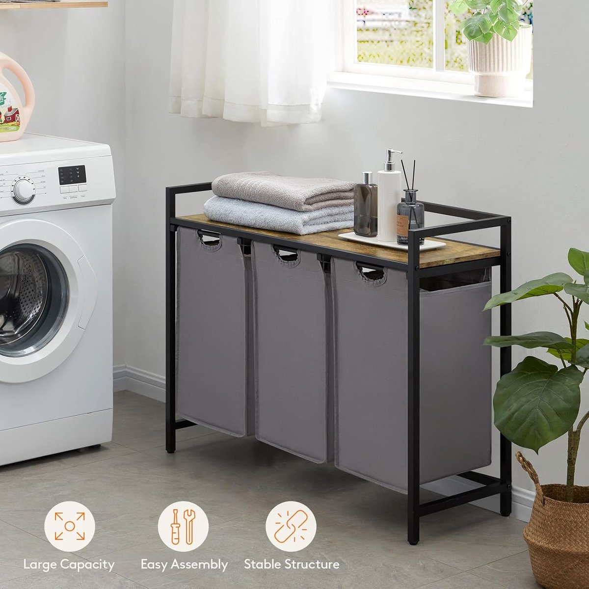 3-vaks wasmand van 120 liter met opbergruimte en uitneembare zakken, wassorteerder voor wasruimte, slaapkamer, badkamer, studentenkamer, grijs