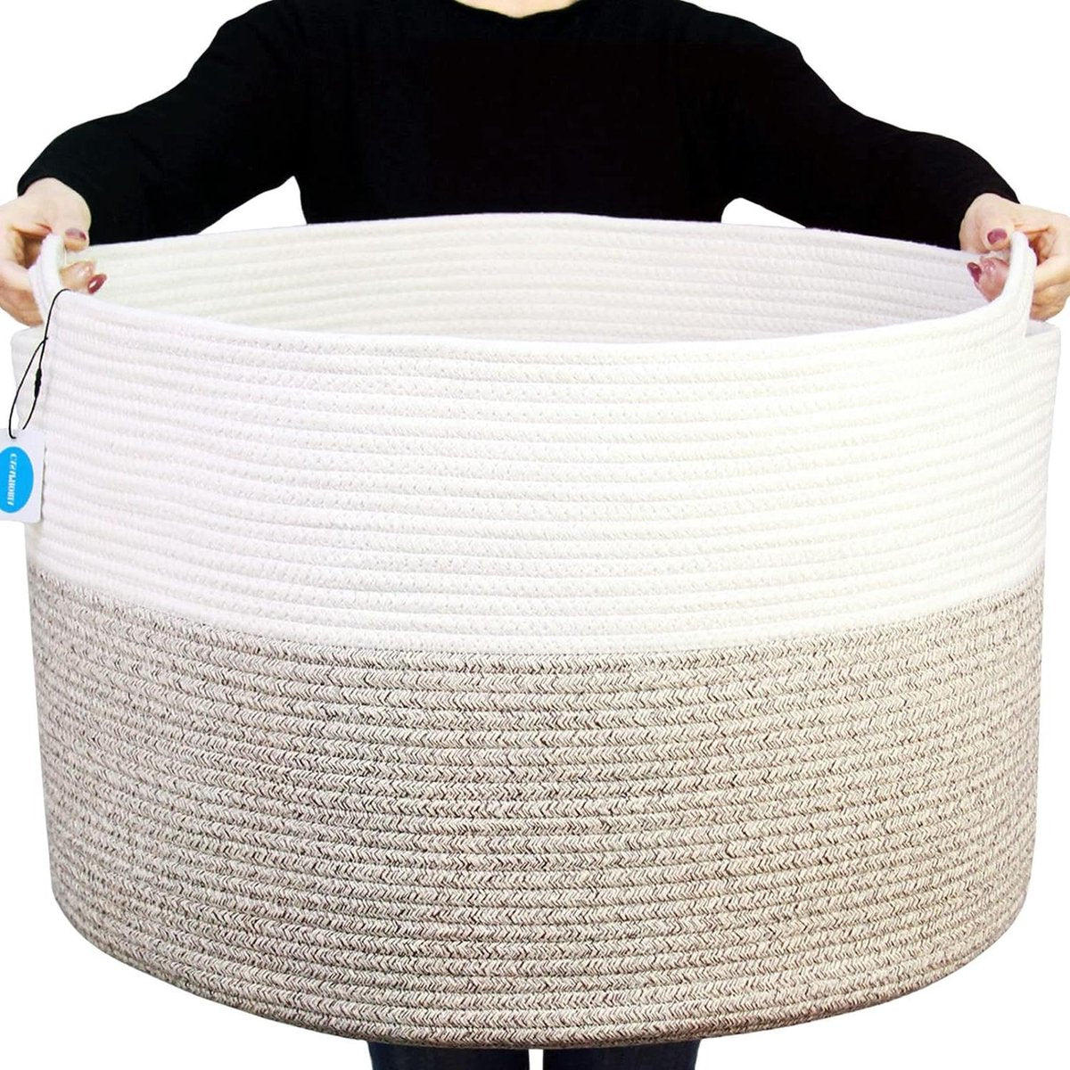 XXXLarge Katoenen Touwmand voor Woonkamer - Geweven Opbergmand met Handvat voor Dekens, Handdoeken en Kussens - Wit Bruin - Groot formaat 559x559x356 cm