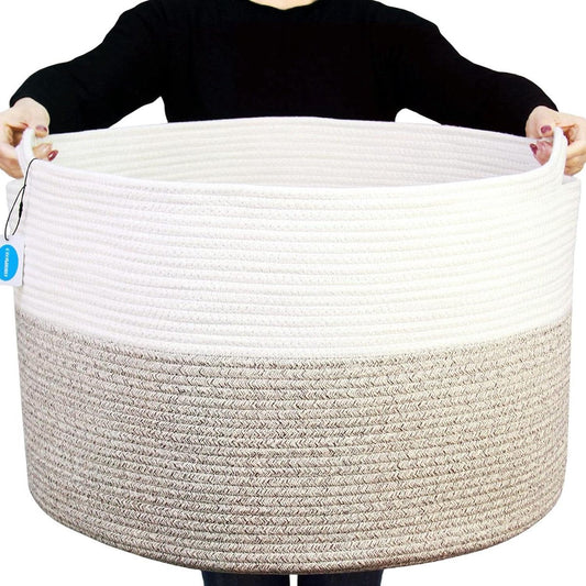 XXXLarge Katoenen Touwmand voor Woonkamer - Geweven Opbergmand met Handvat voor Dekens, Handdoeken en Kussens - Wit Bruin - Groot formaat 559x559x356 cm