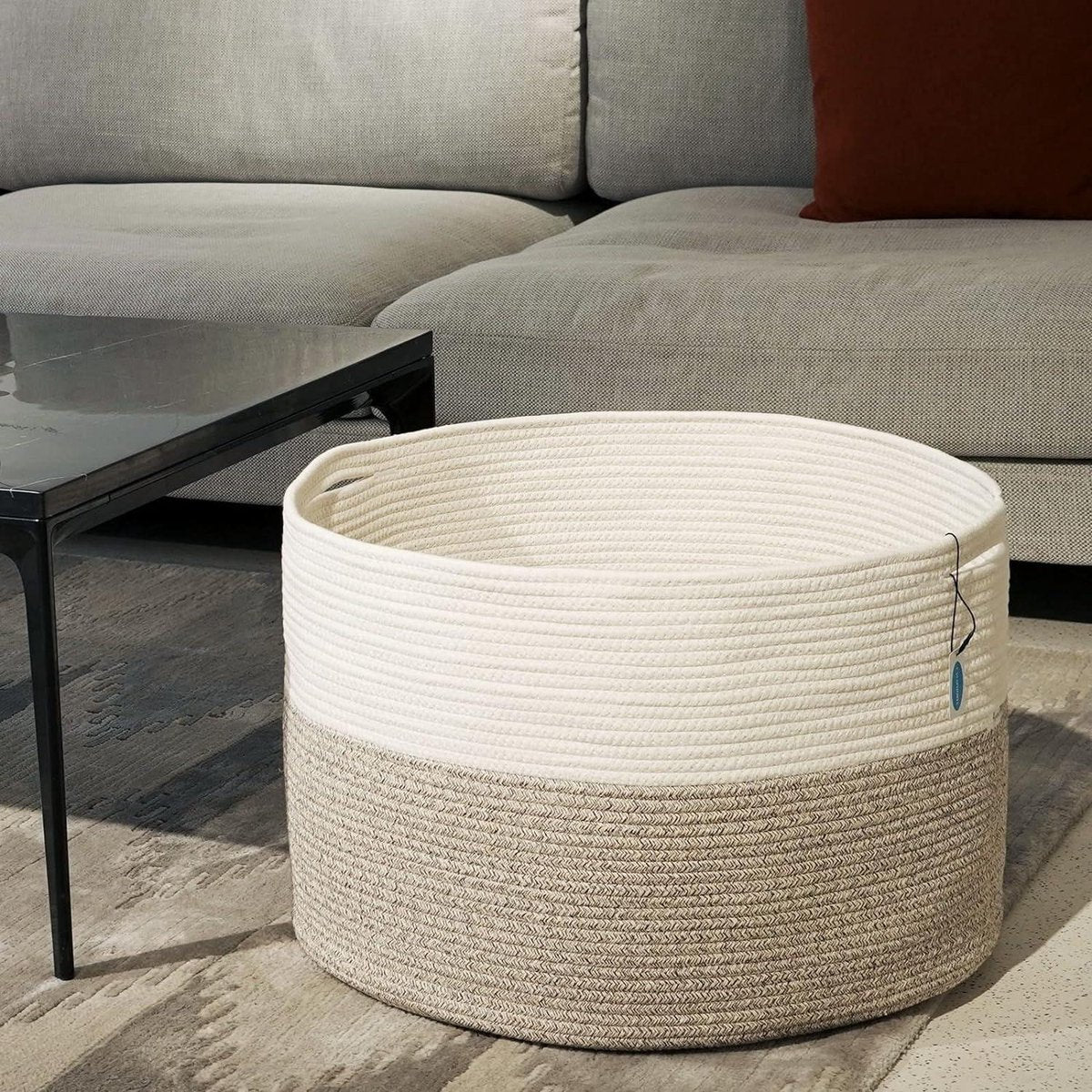 XXXLarge Katoenen Touwmand voor Woonkamer - Geweven Opbergmand met Handvat voor Dekens, Handdoeken en Kussens - Wit Bruin - Groot formaat 559x559x356 cm