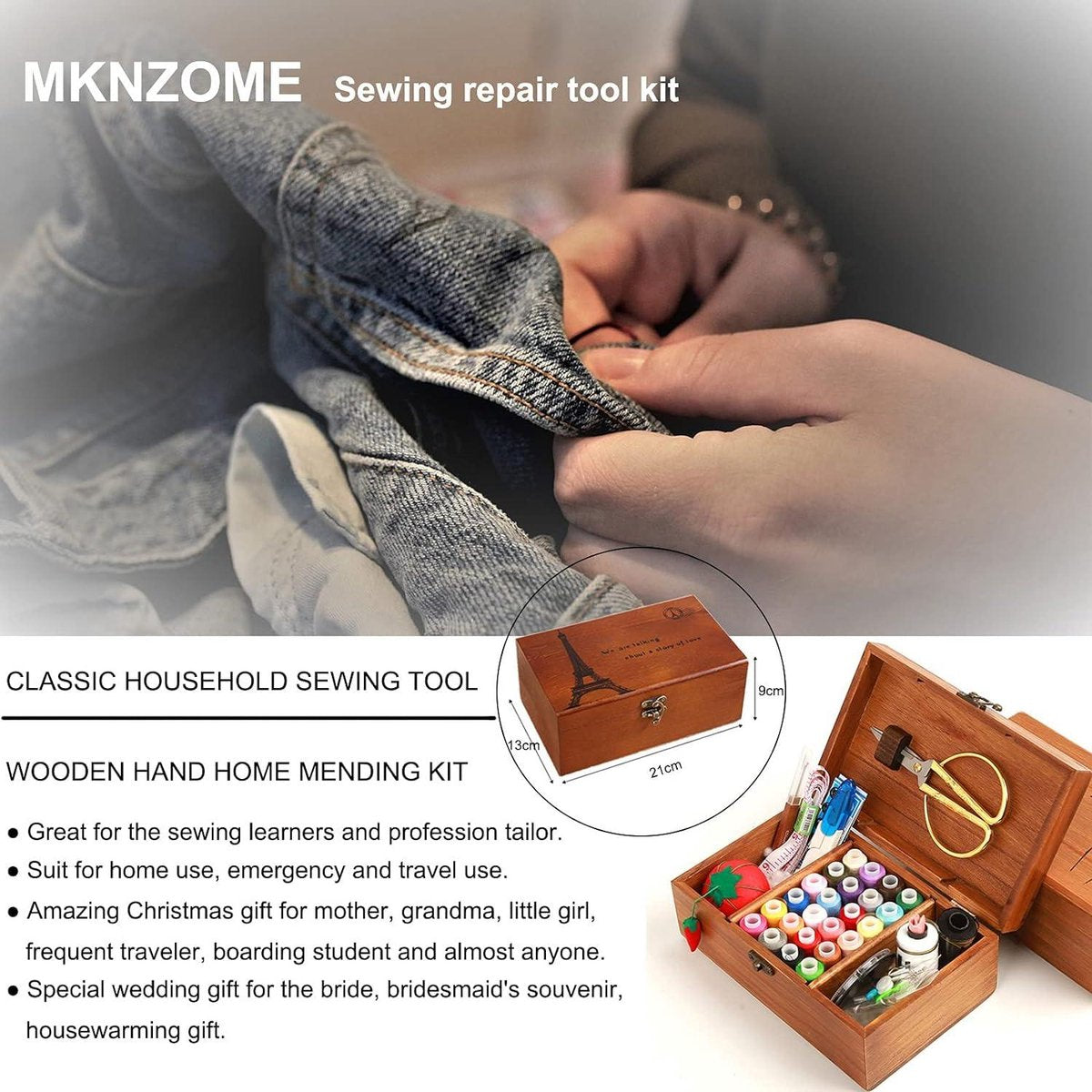 Sewing Box Wooden Portable Sewing Basket - Complete Sewing Supplies for Travel - Home Emergency Use - Universal Hand Home Sewing Repair Tool Kit - Adult Child Beginner Sewing Kit#3 Sewing Box