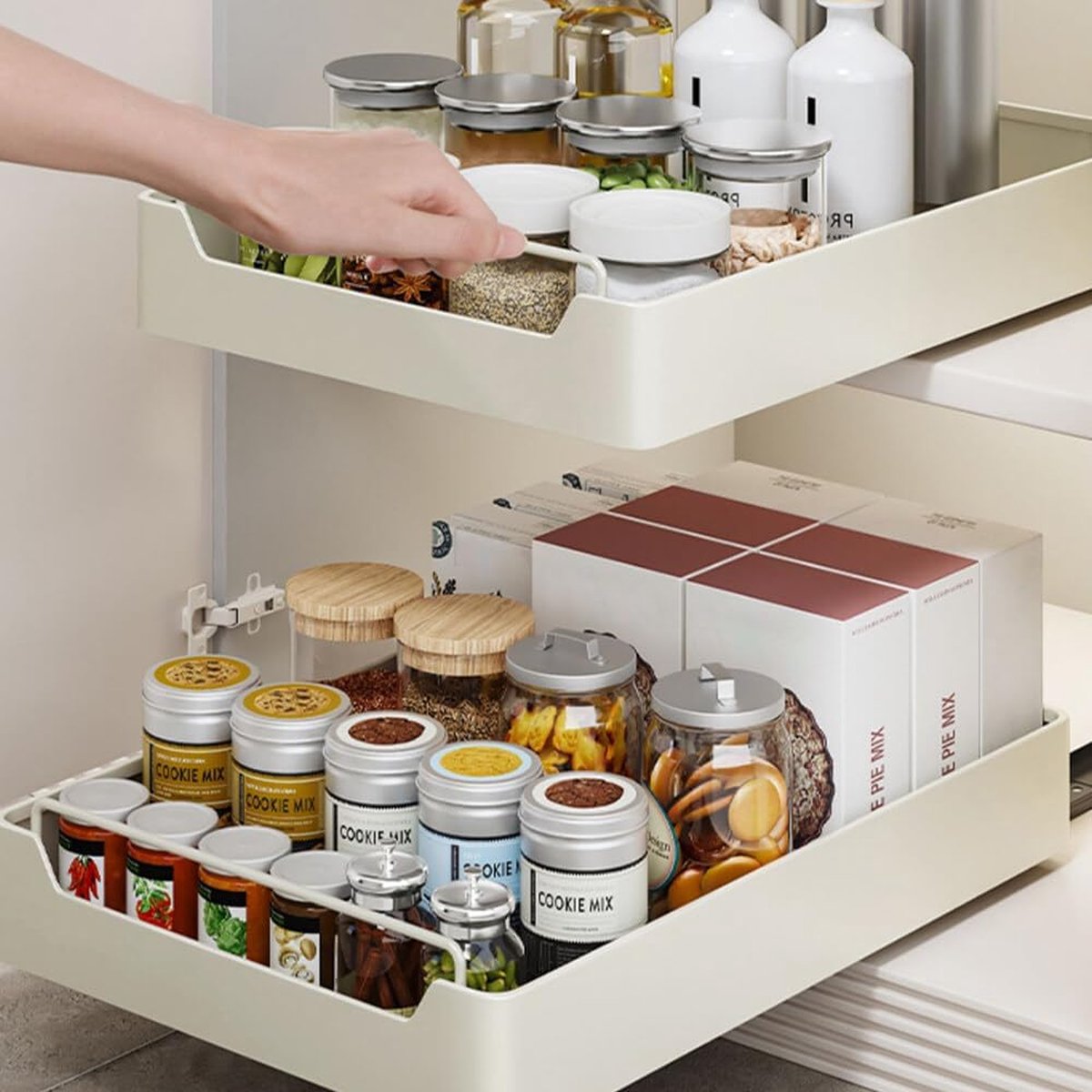 Telescopic drawer, pull-out drawer 40 cm kitchen, pull-out drawer kitchen cabinet, beige telescopic drawer for retrofitting without drilling, pull-out cabinet organizer (40 cm wide)