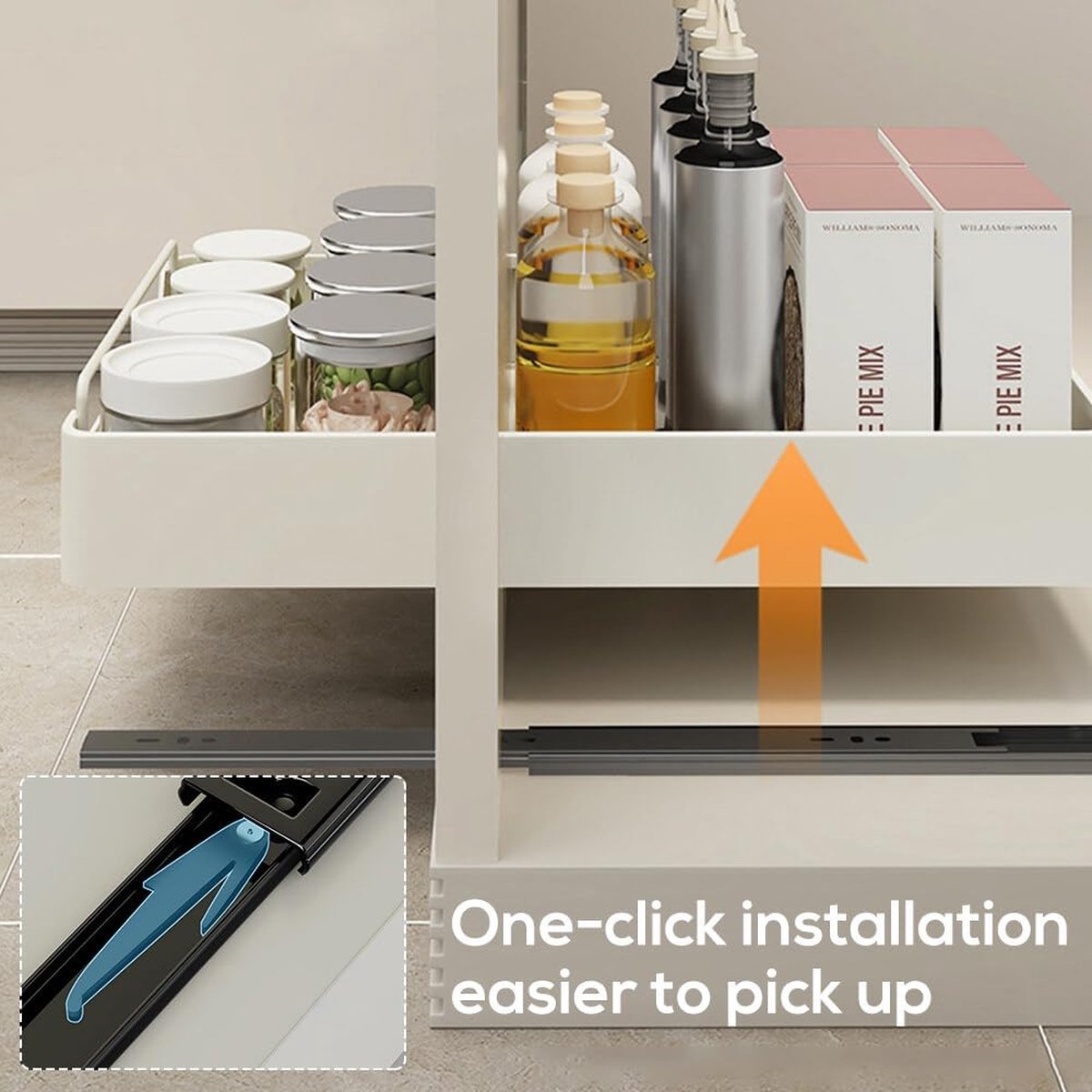 Telescopic drawer, pull-out drawer 40 cm kitchen, pull-out drawer kitchen cabinet, beige telescopic drawer for retrofitting without drilling, pull-out cabinet organizer (40 cm wide)