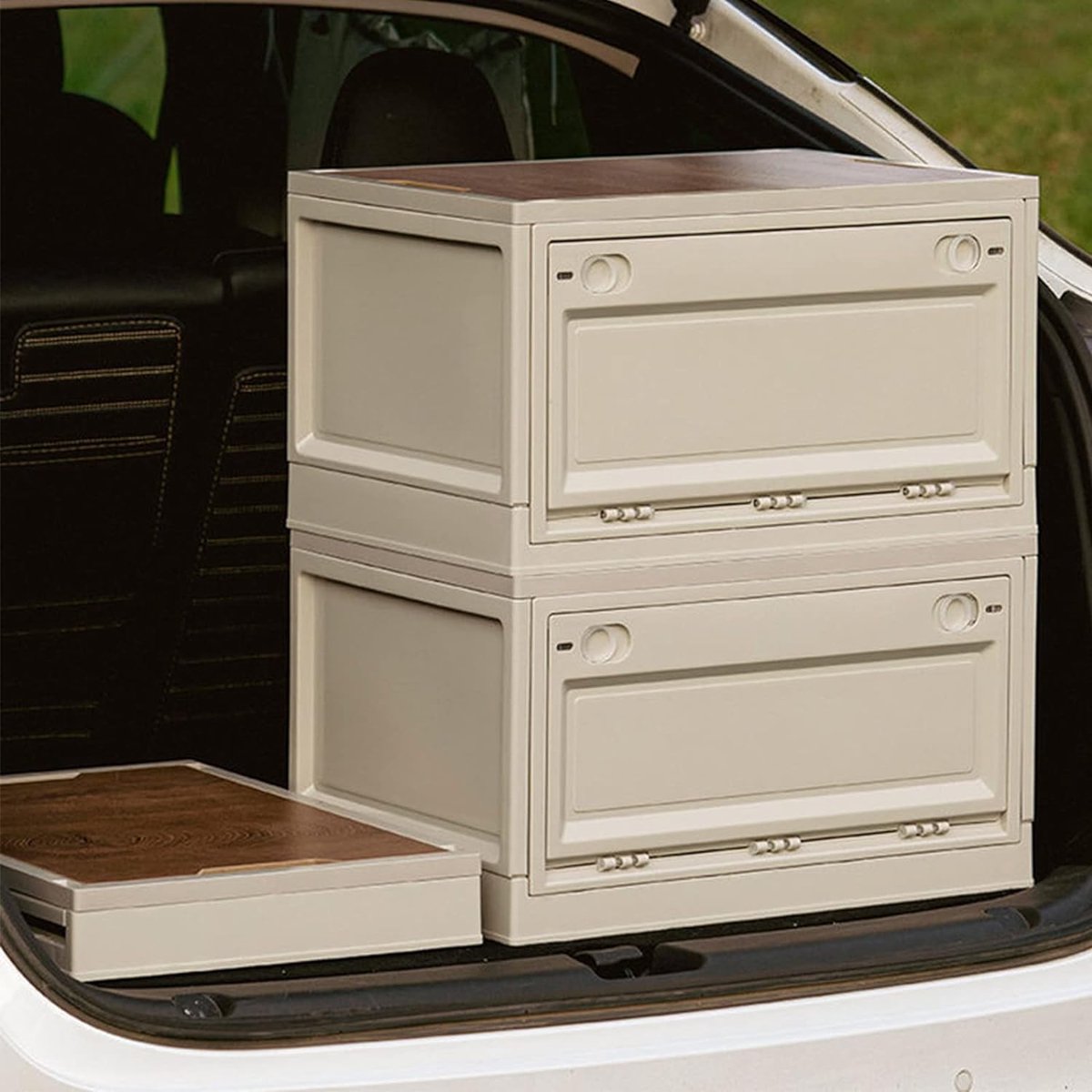 Campingbox, storage boxes with lid, 35 litres, foldable plastic storage crates, storage box as tabletop for outdoor, camping, car, boot, white