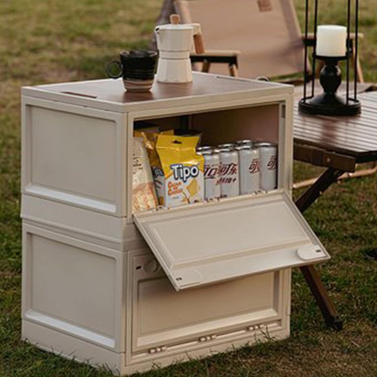 Campingbox, storage boxes with lid, 35 litres, foldable plastic storage crates, storage box as tabletop for outdoor, camping, car, boot, white