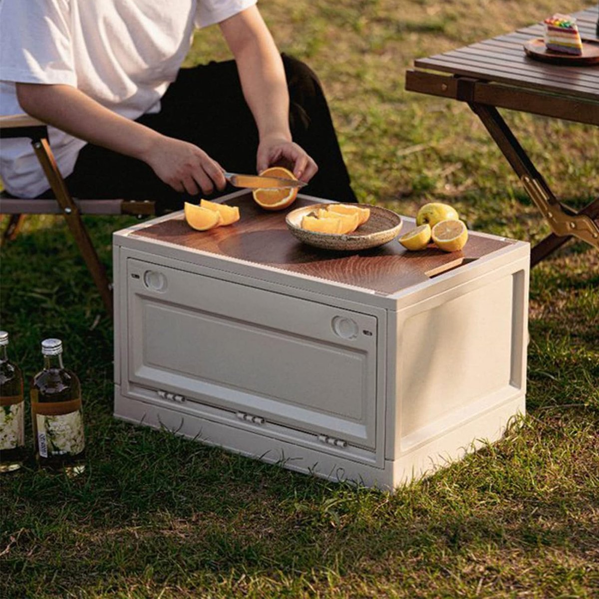 Campingbox, storage boxes with lid, 35 litres, foldable plastic storage crates, storage box as tabletop for outdoor, camping, car, boot, white