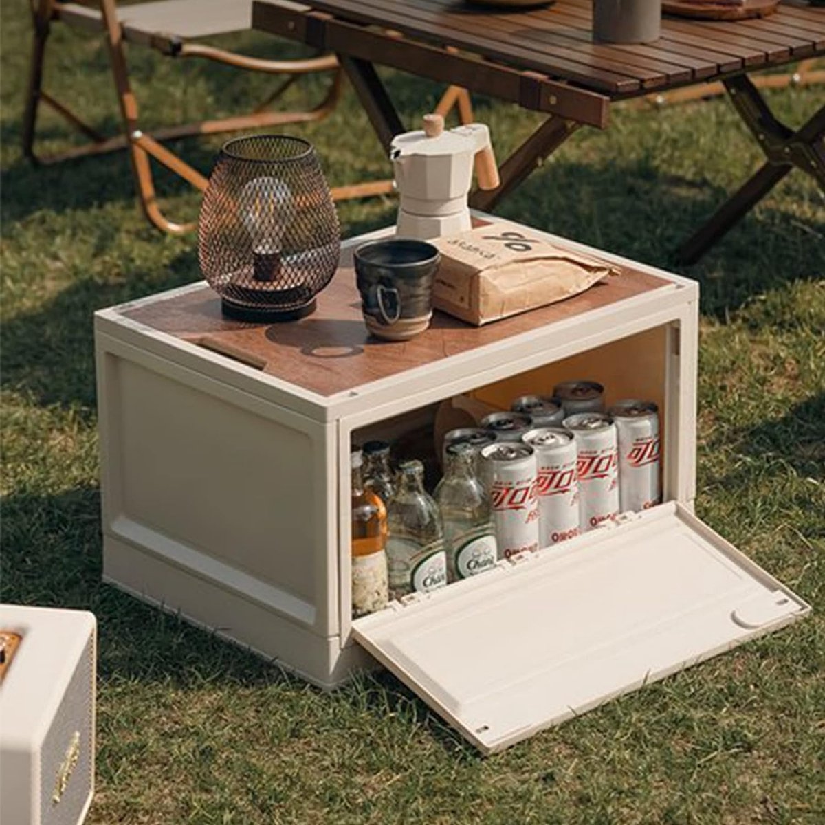 Campingbox, storage boxes with lid, 35 litres, foldable plastic storage crates, storage box as tabletop for outdoor, camping, car, boot, white