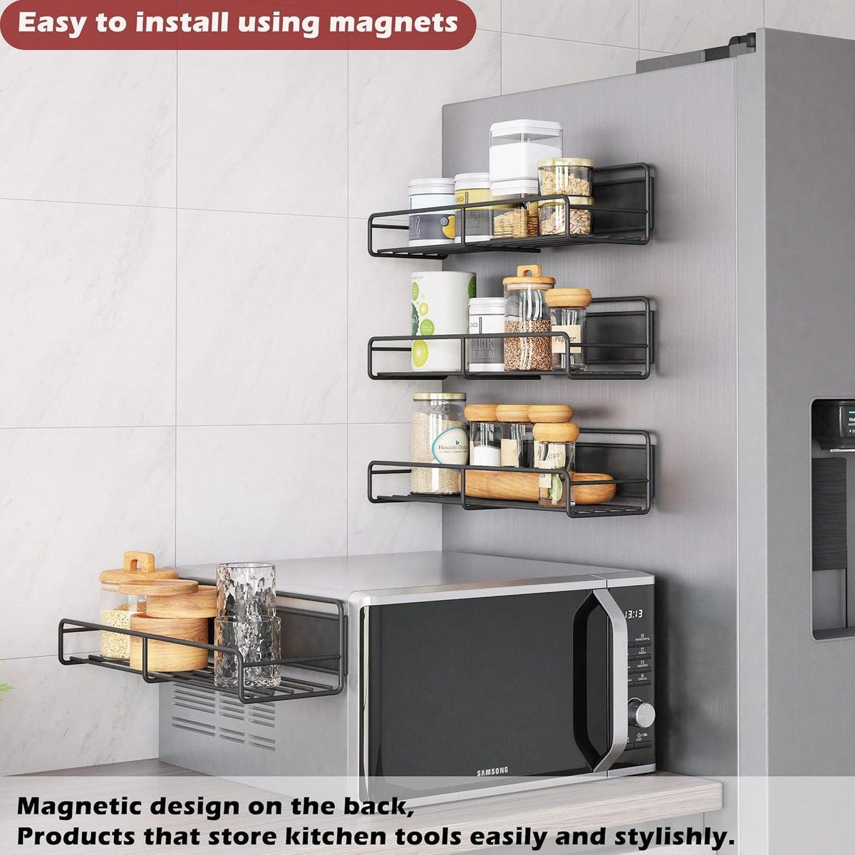 Magnetic Spice Rack for Refrigerator - Set of 4 Magnetic Spice Racks with 10 Hooks - Space-Saving Organizer for Refrigerator & Microwave - Black Hanging Spice Rack