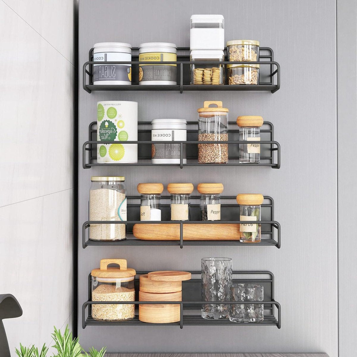 Magnetic Spice Rack for Refrigerator - Set of 4 Magnetic Spice Racks with 10 Hooks - Space-Saving Organizer for Refrigerator & Microwave - Black Hanging Spice Rack
