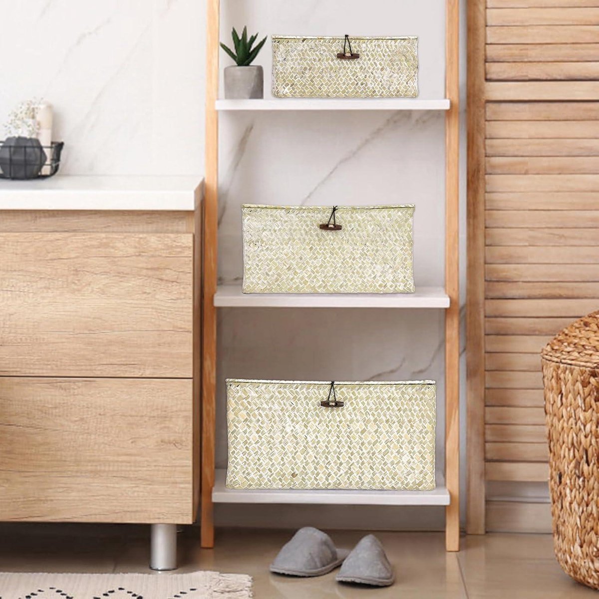 Rieten mand met deksel sweet living - Opbergmand Zeegras - Geweven rieten bureaumand - Rechthoekige opbergmand voor badkamer en woonkamer - Decoratieve onder plank mand - Multifunctionele opbergmand - Whitewash M Rieten mand met deksel sweet living