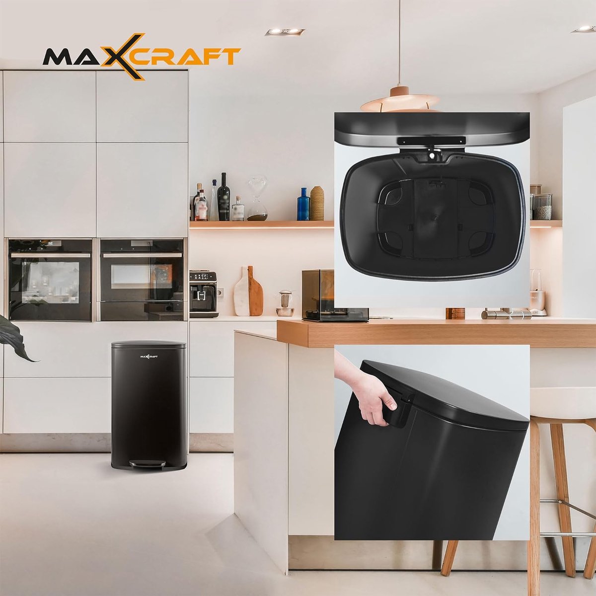 Stalen pedaalemmer met kunststof binnenemmer, softclose deksel, voor keuken, badkamer of kantoor, 50 liter in zwart