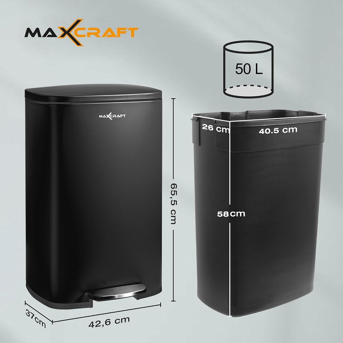 Stalen pedaalemmer met kunststof binnenemmer, softclose deksel, voor keuken, badkamer of kantoor, 50 liter in zwart